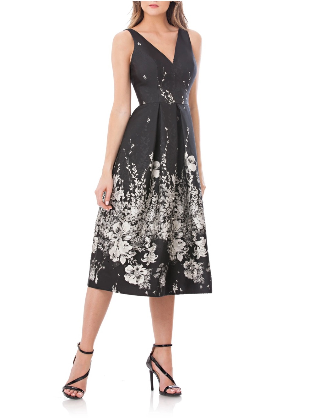 Carmen Marc Valvo Black and Silver Floral V-Neck Midi Dress